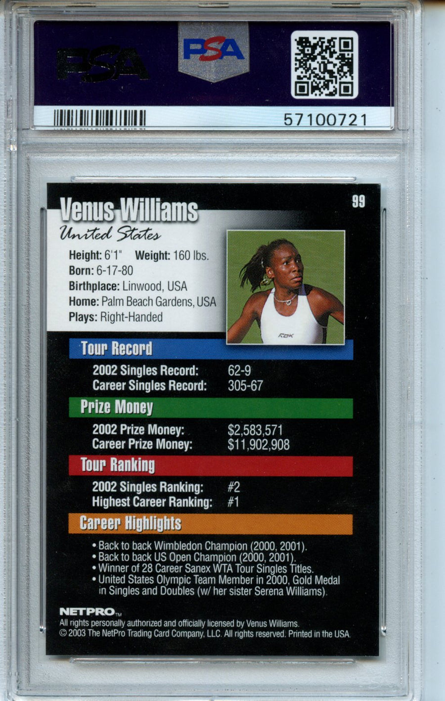 2003 Netpro #99 Venus Williams PSA 9 — Back