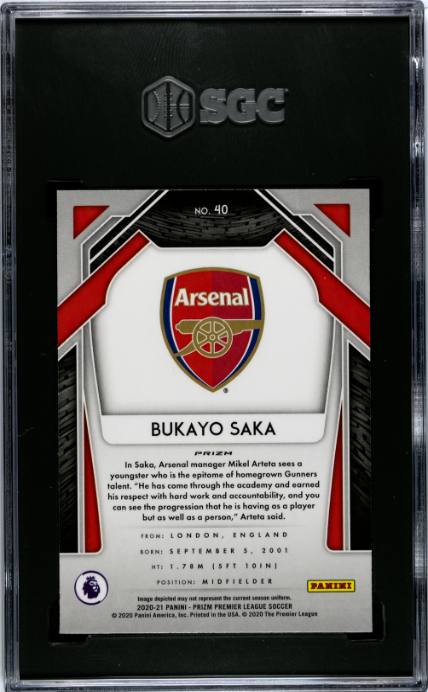 2020-21 Panini Prizm Premier League #40 Bukayo Saka Pink Wave SGC 9.5 — Back