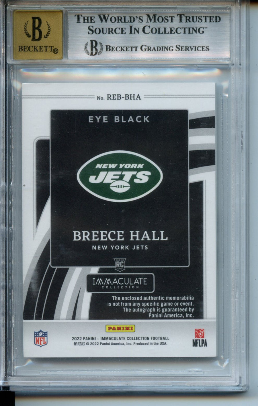 2022 Immaculate Collection Immaculate Rookie Eye Black #13 Breece Hall RP BGS 8.5-10 — Back