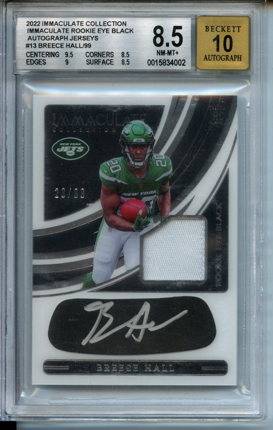 2022 Immaculate Collection Immaculate Rookie Eye Black #13 Breece Hall RP BGS 8.5-10 — Front