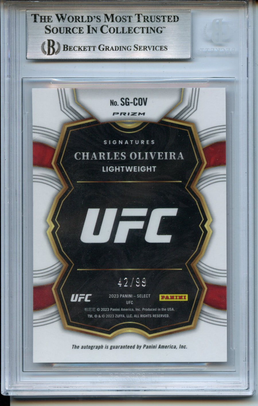 2023 Select UFC Signatures Prizms Red #SGCOV Charles Oliveira 42/99 BGS 8.5 — Back