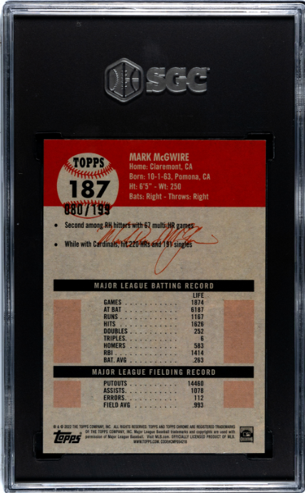 2022 Topps Chrome Platinum Anniversary #187 Mark Mcgwire 080/199 Blue Mini-Diamond Refractor SGC 9.5 — Back