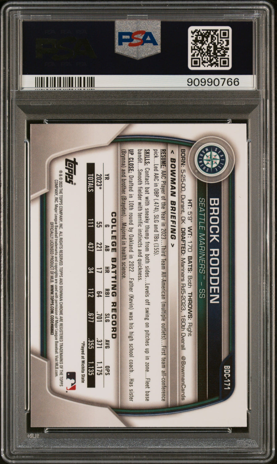 2023 Bowman Draft Chrome #BDC171 Brock Rodden 062/250 Purple Refractor PSA 10 — Back