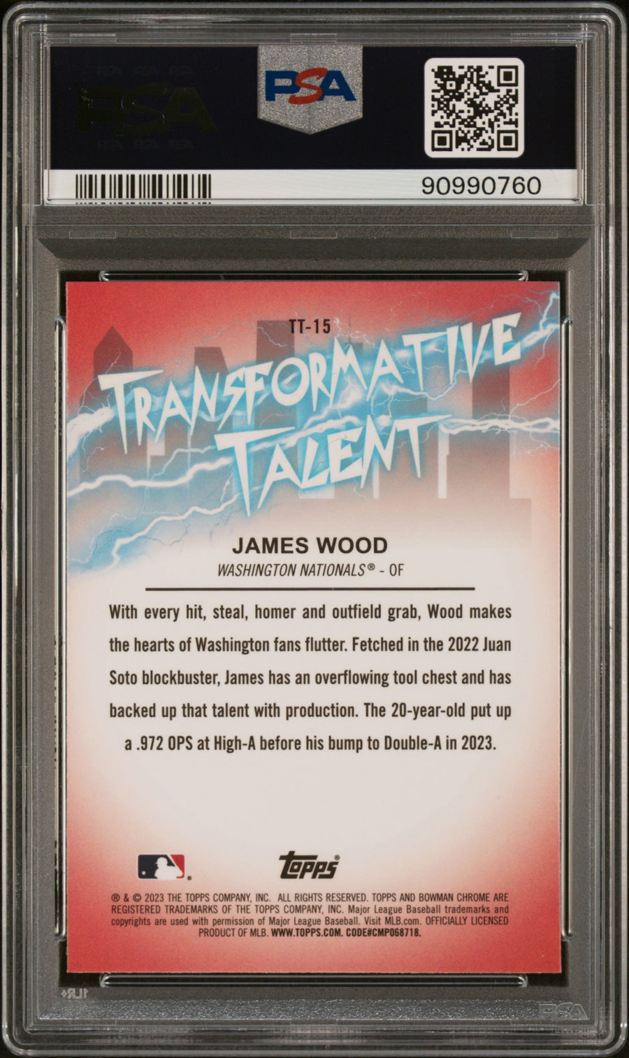 2023 Bowman Draft Transformative Talent #TT15 James Wood PSA 9 — Back