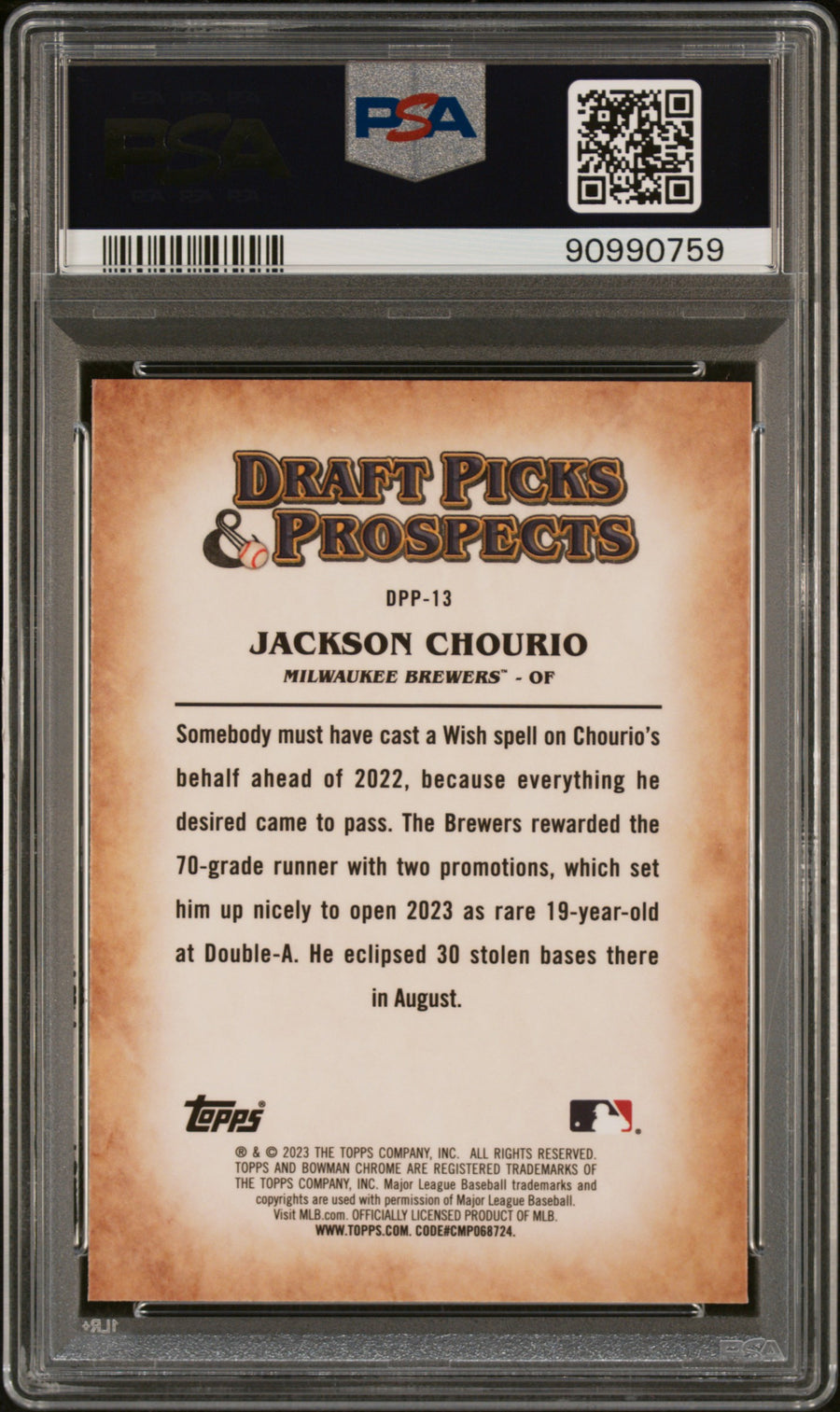 2023 Bowman Draft Picks & Prospects #DPP13 Jackson Chourio PSA 10 — Back