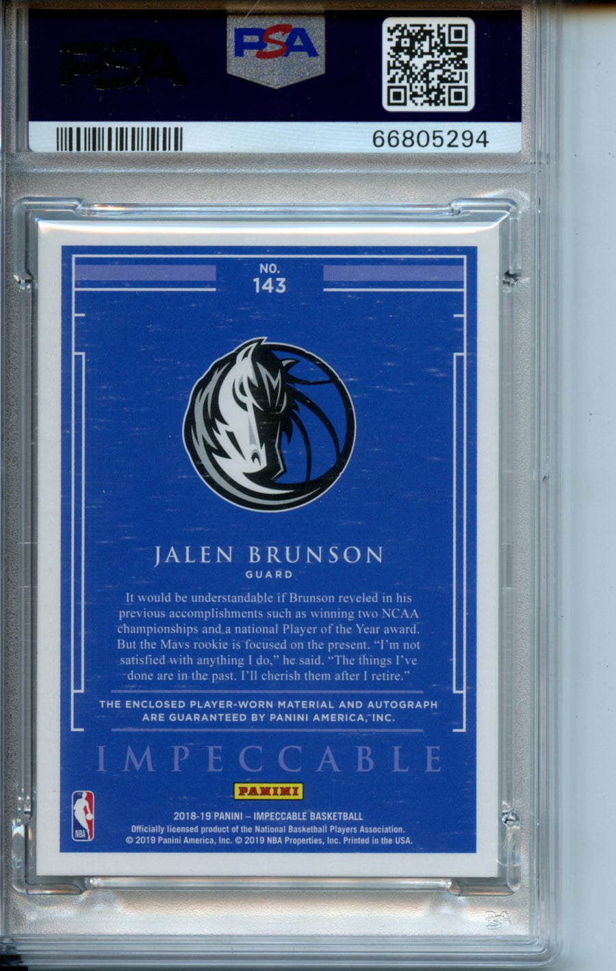 2018 Panini Impeccable #143 Jalen Brunson 24/99 RPA PSA 9-10 — Back