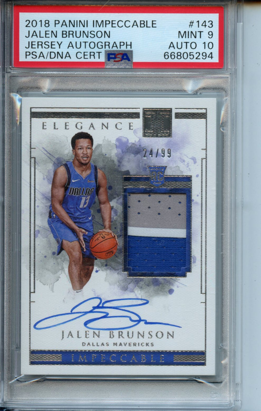 2018 Panini Impeccable #143 Jalen Brunson 24/99 RPA PSA 9-10 — Front