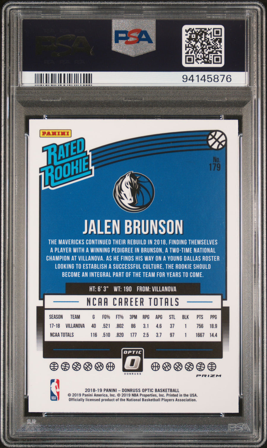 2018 Panini Donruss Optic #179 Jalen Brunson Purple RR PSA 10-9 — Back