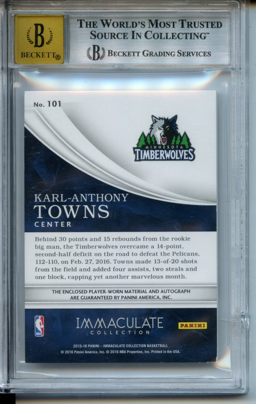 2015-16 Immaculate Collection #101 Karl-Anthony Towns 49/99 RPA BGS 8-10 — Back