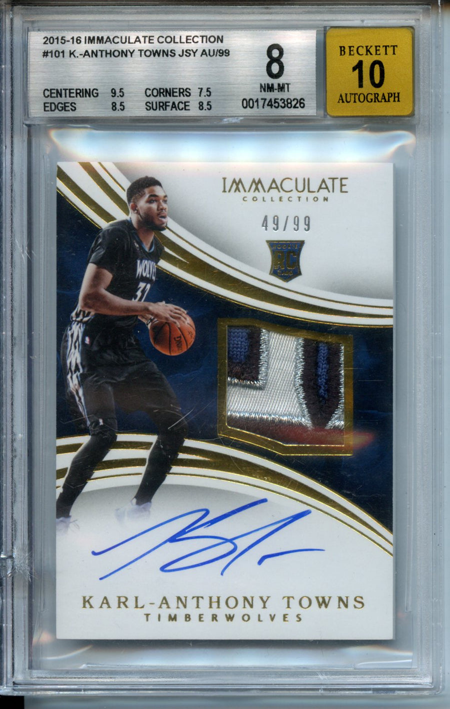 2015-16 Immaculate Collection #101 Karl-Anthony Towns 49/99 RPA BGS 8-10 — Front