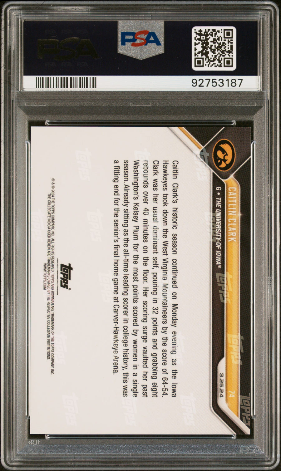 2023 Bowman U Now #74 Caitlin Clark PSA 9 — Back