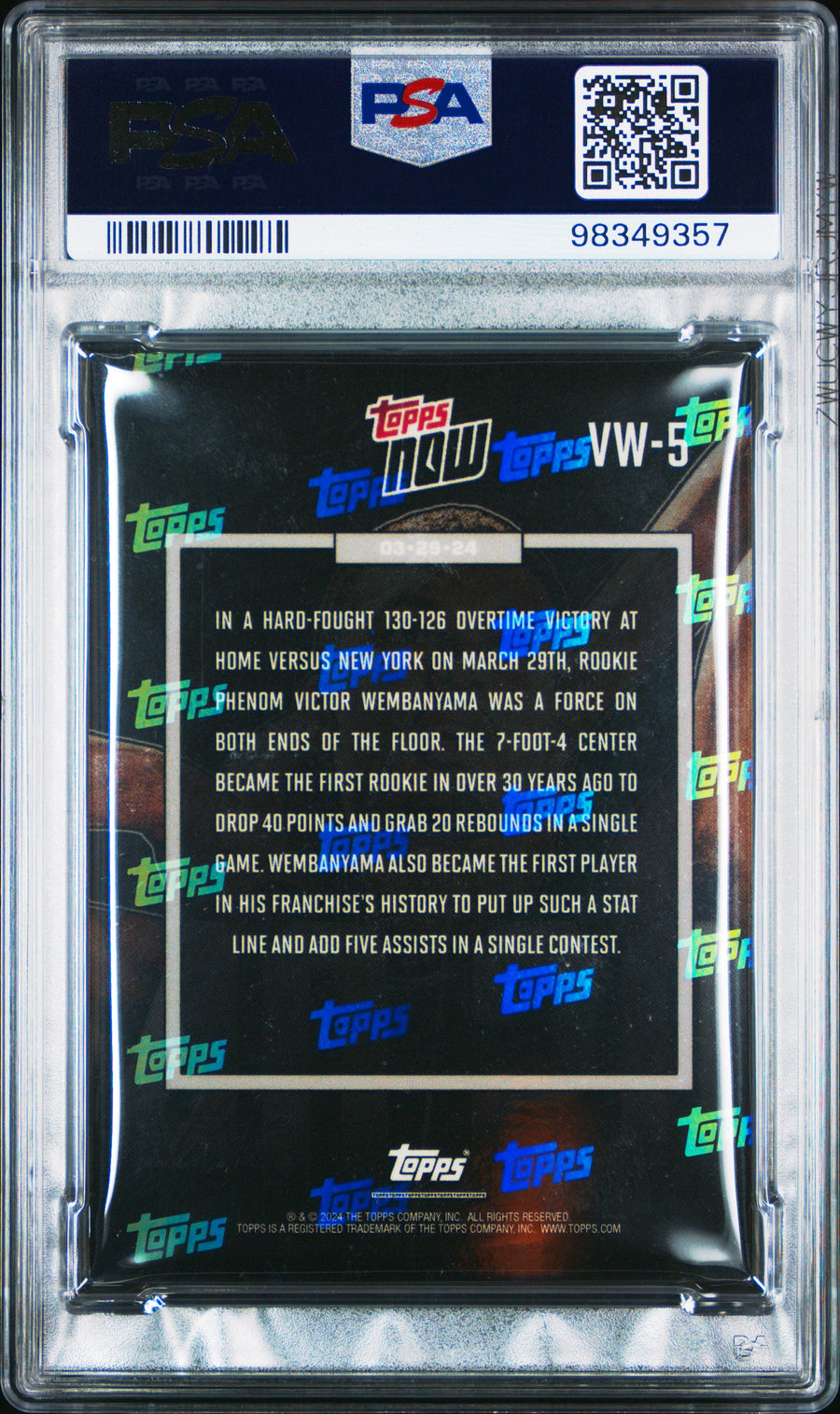 (1)2023 Topps Now #VW5 Victor Wembanyama PSA 10 — Back