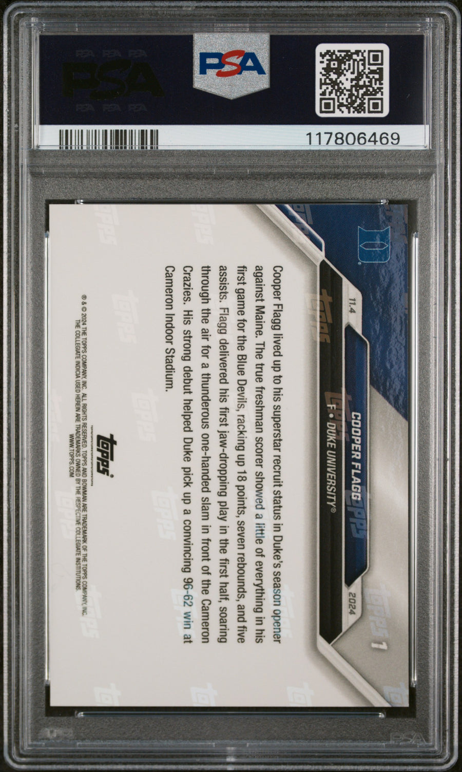 2024-25 Bowman U Now #1 Cooper Flagg PSA 10 — Back