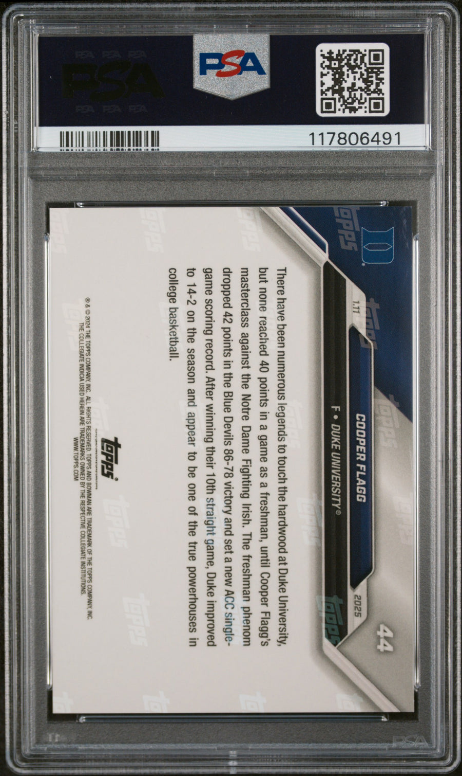 2024-25 Bowman U Now #44 Cooper Flagg PSA 10 — Back