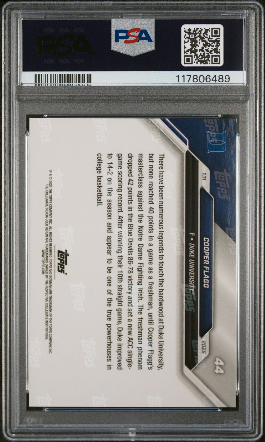 (2)2024-25 Bowman U Now #44 Cooper Flagg PSA 10 — Back