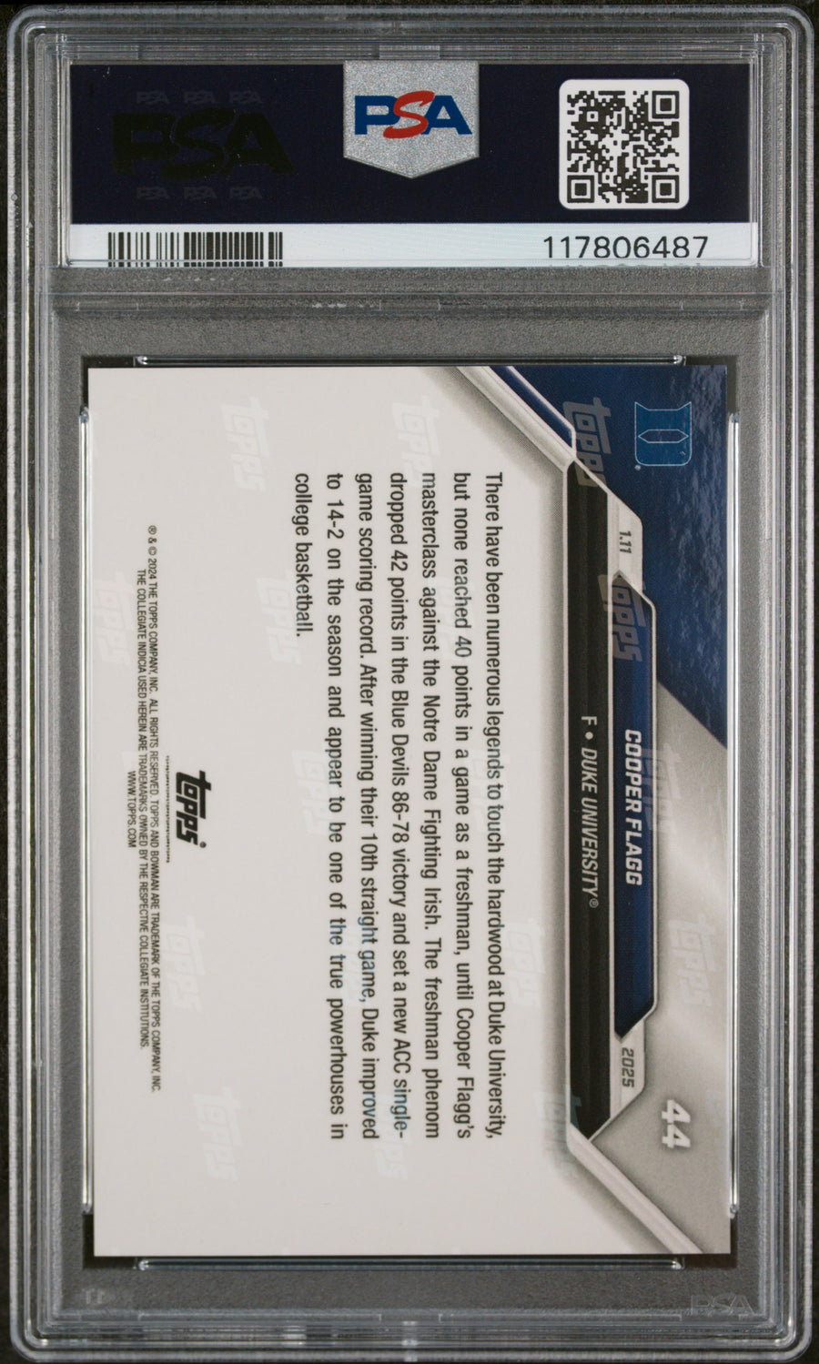 (3)2024-25 Bowman U Now #44 Cooper Flagg PSA 10 — Back