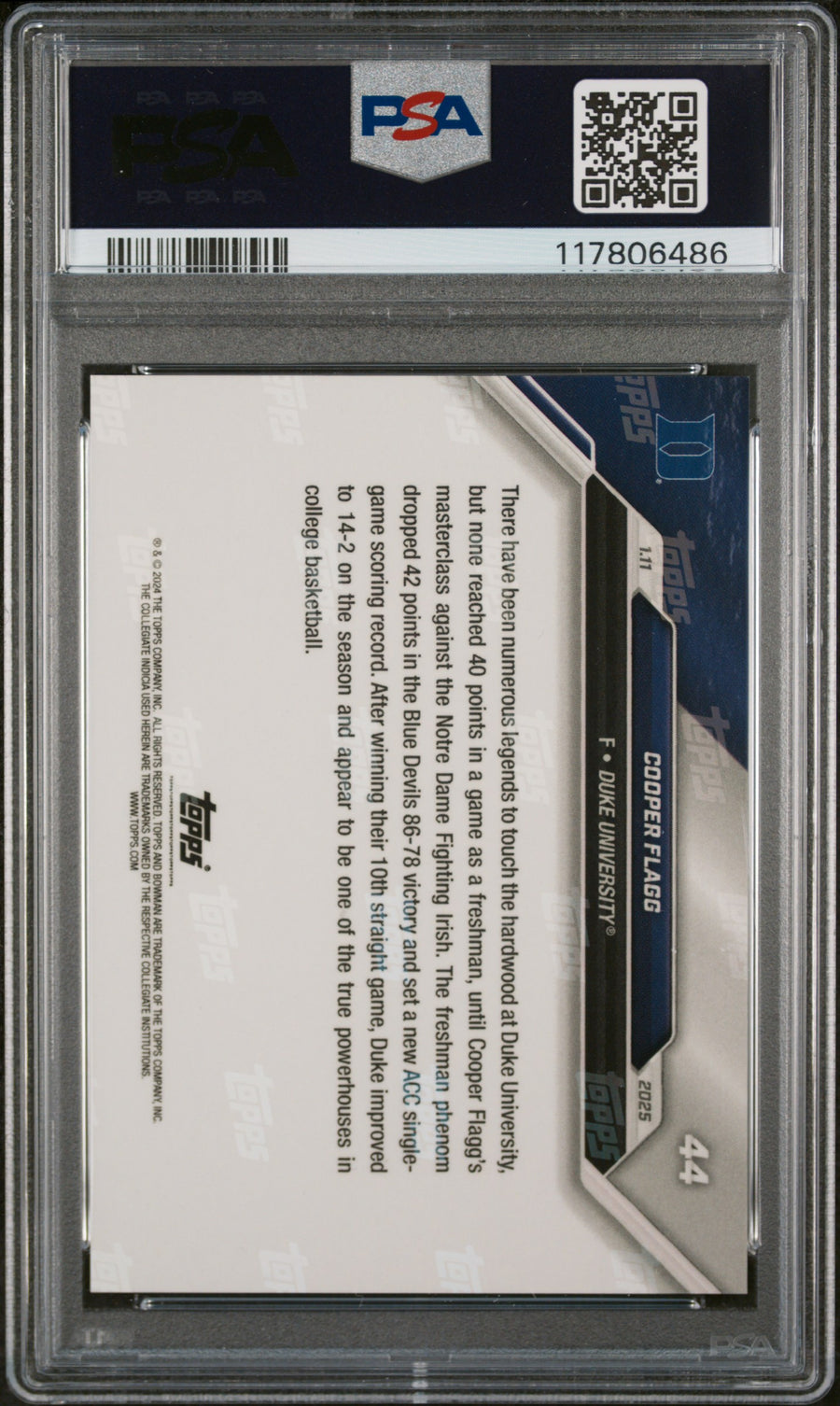 (4)2024-25 Bowman U Now #44 Cooper Flagg PSA 10 — Back