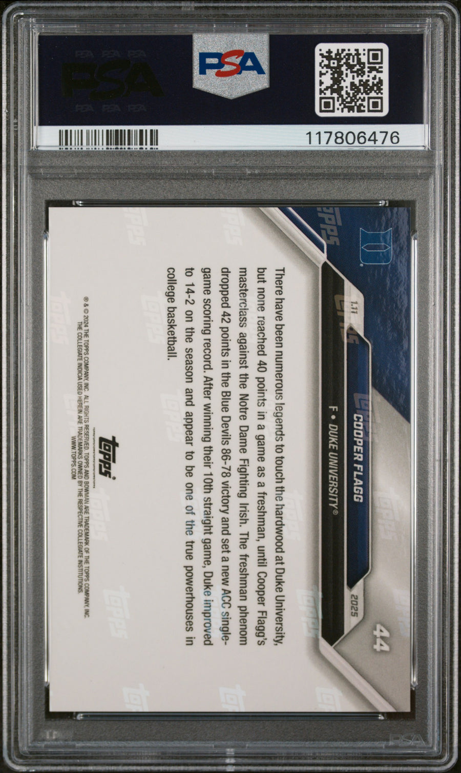 (1)2024-25 Bowman U Now #44 Cooper Flagg PSA 9 — Back