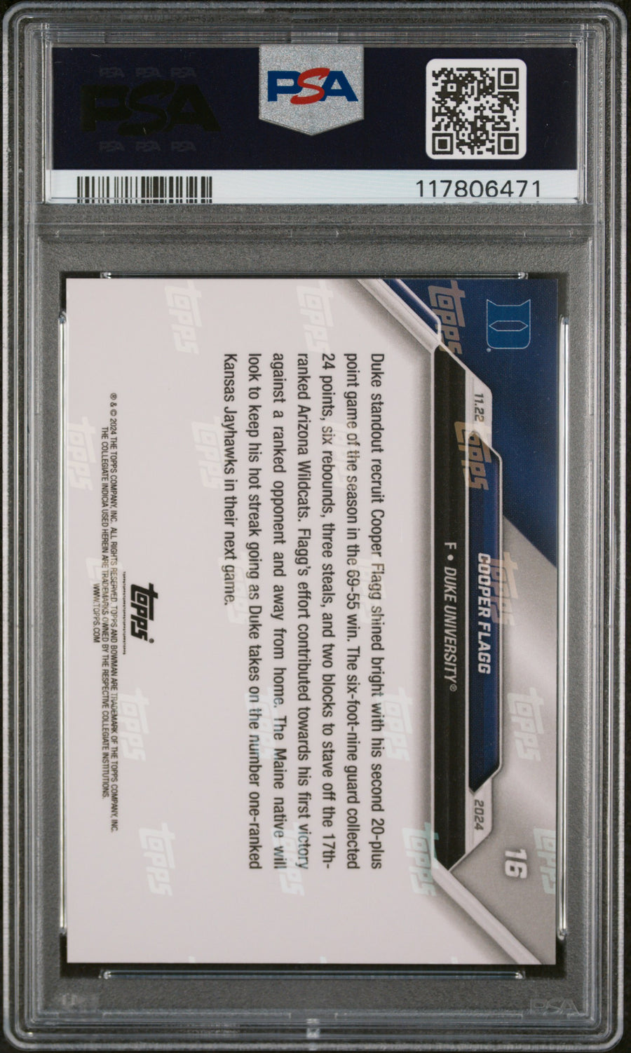 (1)2024-25 Bowman U Now #16 Cooper Flagg PSA 10 — Back