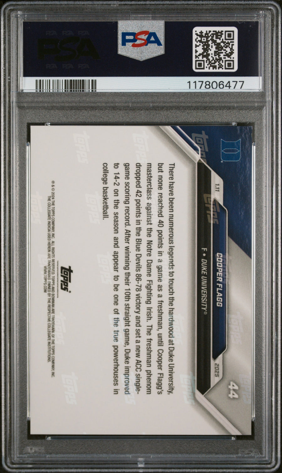 (7)2024-25 Bowman U Now #44 Cooper Flagg PSA 10 — Back