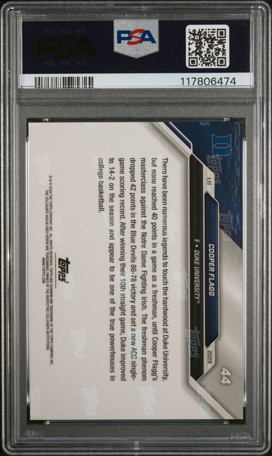 (2)2024-25 Bowman U Now #44 Cooper Flagg PSA 9 — Back
