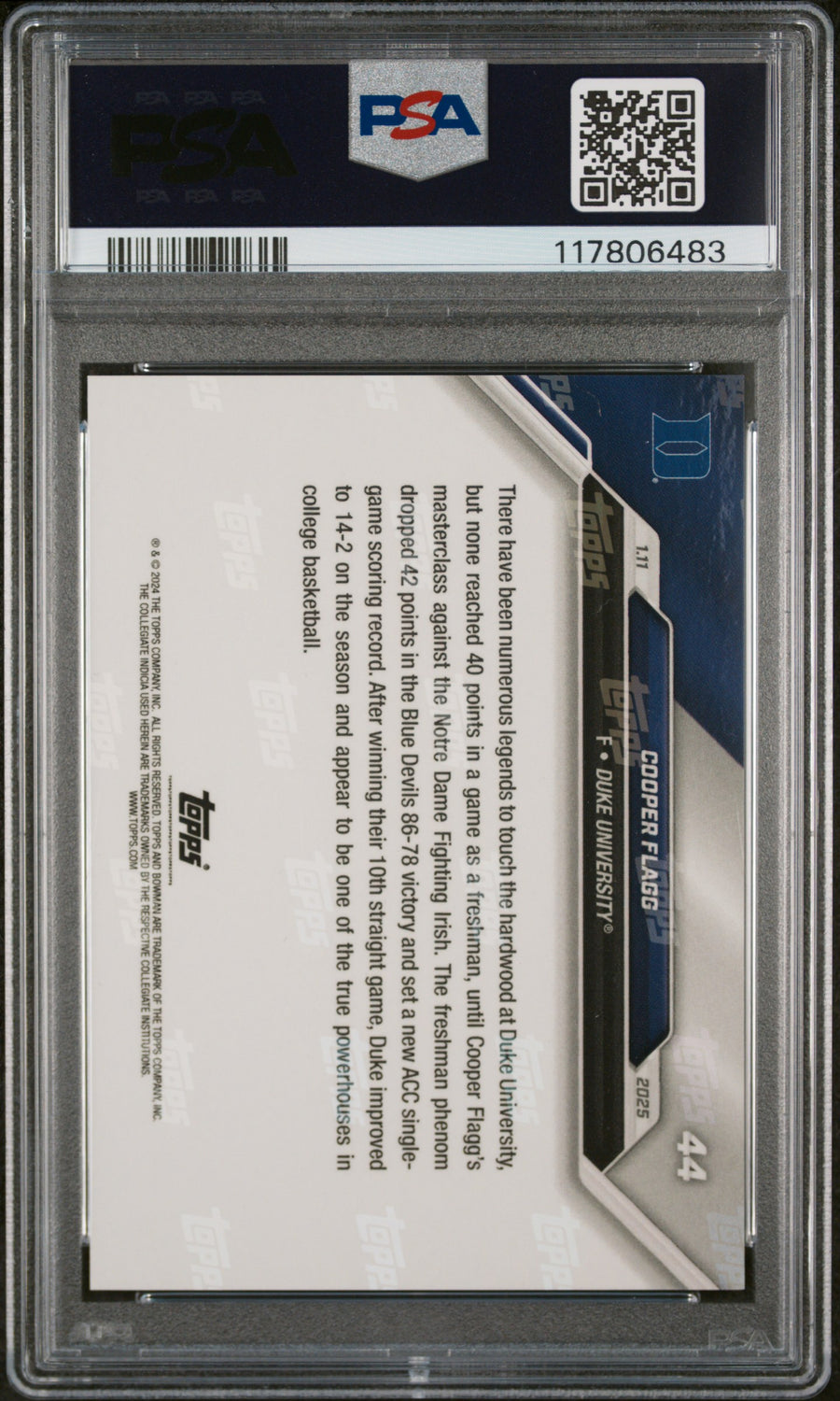 (3)2024-25 Bowman U Now #44 Cooper Flagg PSA 9 — Back