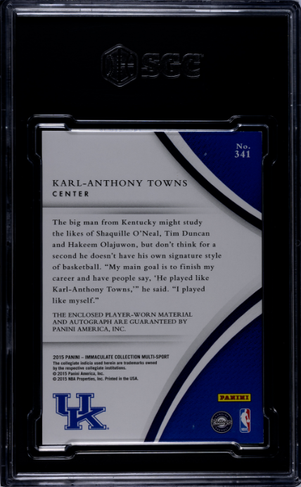 2015 Panini Immaculate Collection Collegiate #341 Karl-Anthony Towns 22/25 RPA Gold SGC 8.5-10 — Back