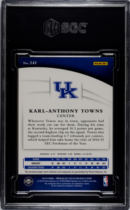 2015 Panini Immaculate Collection Collegiate #341 Karl-Anthony Towns 43/99 RPA SGC 8.5-10 — Back