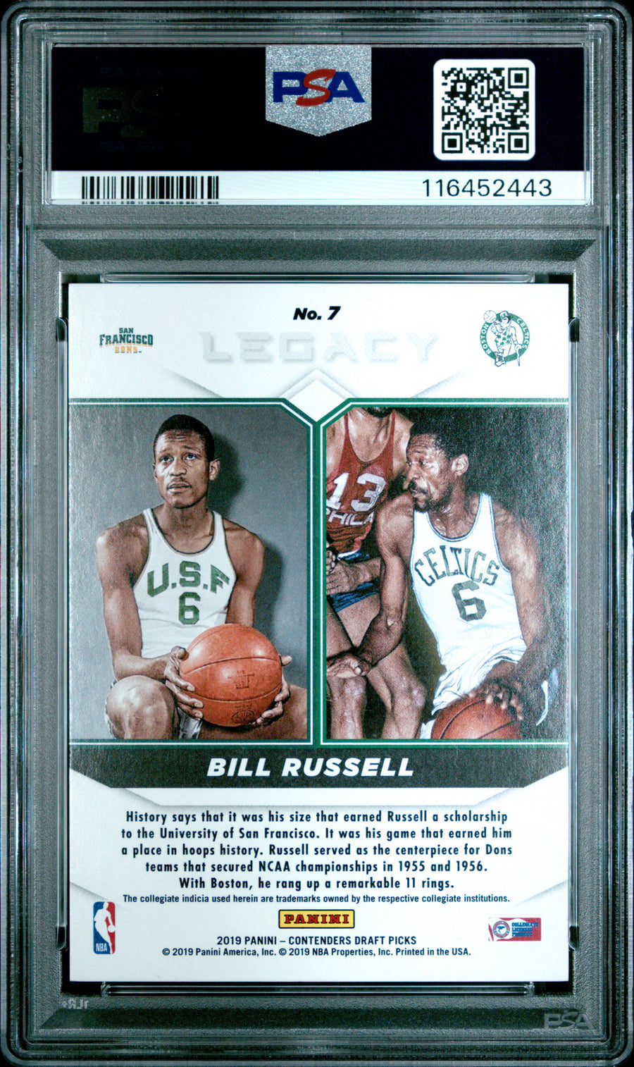2019 Panini Contenders Draft Picks Legacy #7 Bill Russell Legacy-Fame 1/5 PSA 10 — Back