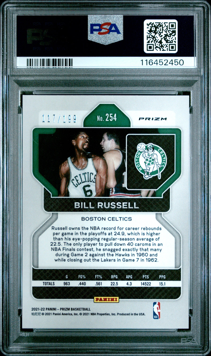 2021 Panini Prizm #254 Bill Russell 117/199 Blue Prizm PSA 10 — Back