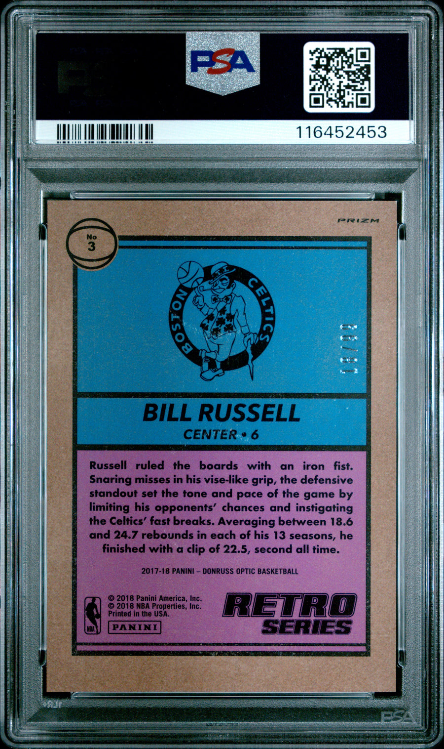 2017 Panini Donruss Optic #3 Bill Russell 18/99 Retro Series-Red PSA 10 — Back