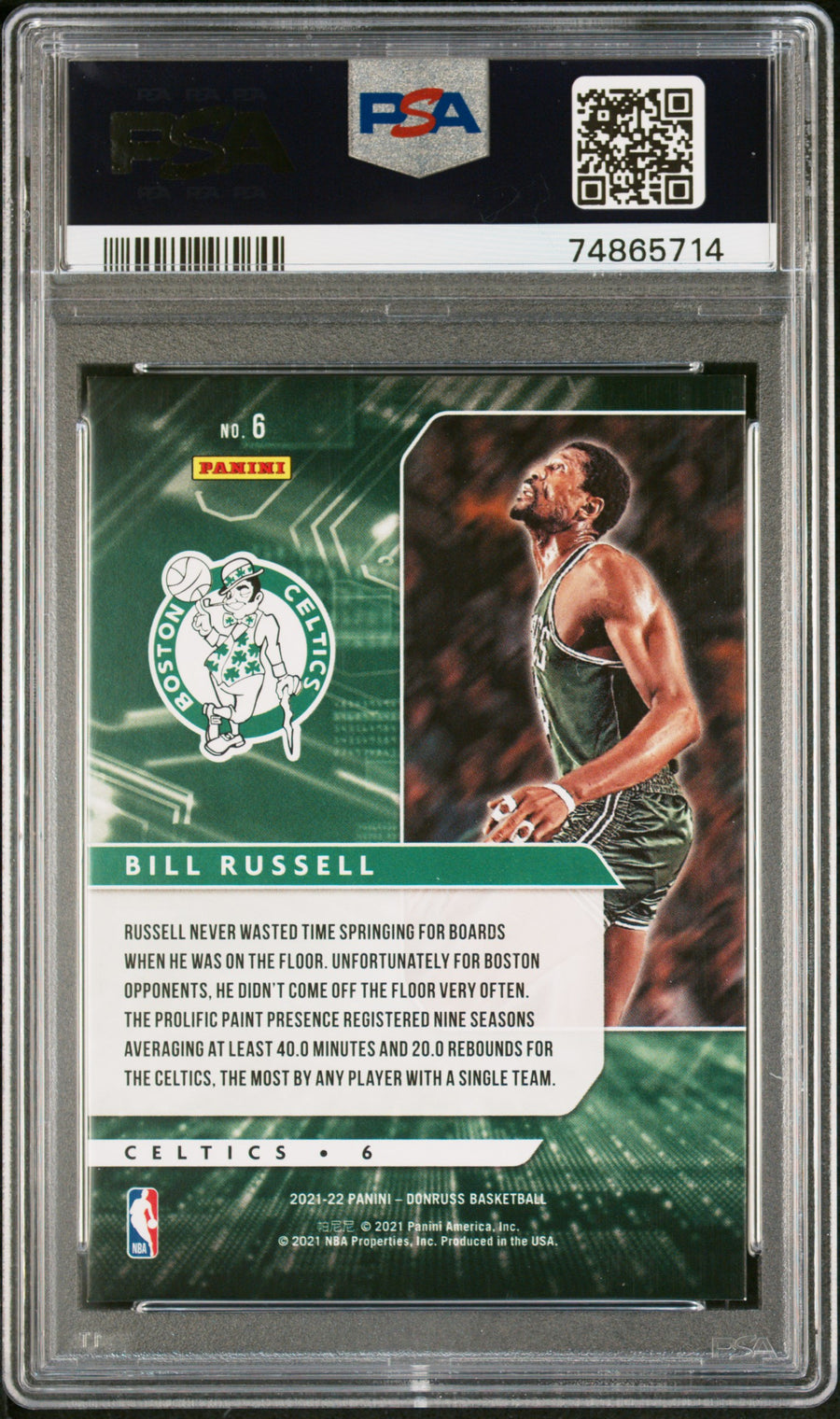 2021 Panini Donruss Power In The Paint #6 Bill Russell 95/99 Holo Red Laser PSA 9 — Back
