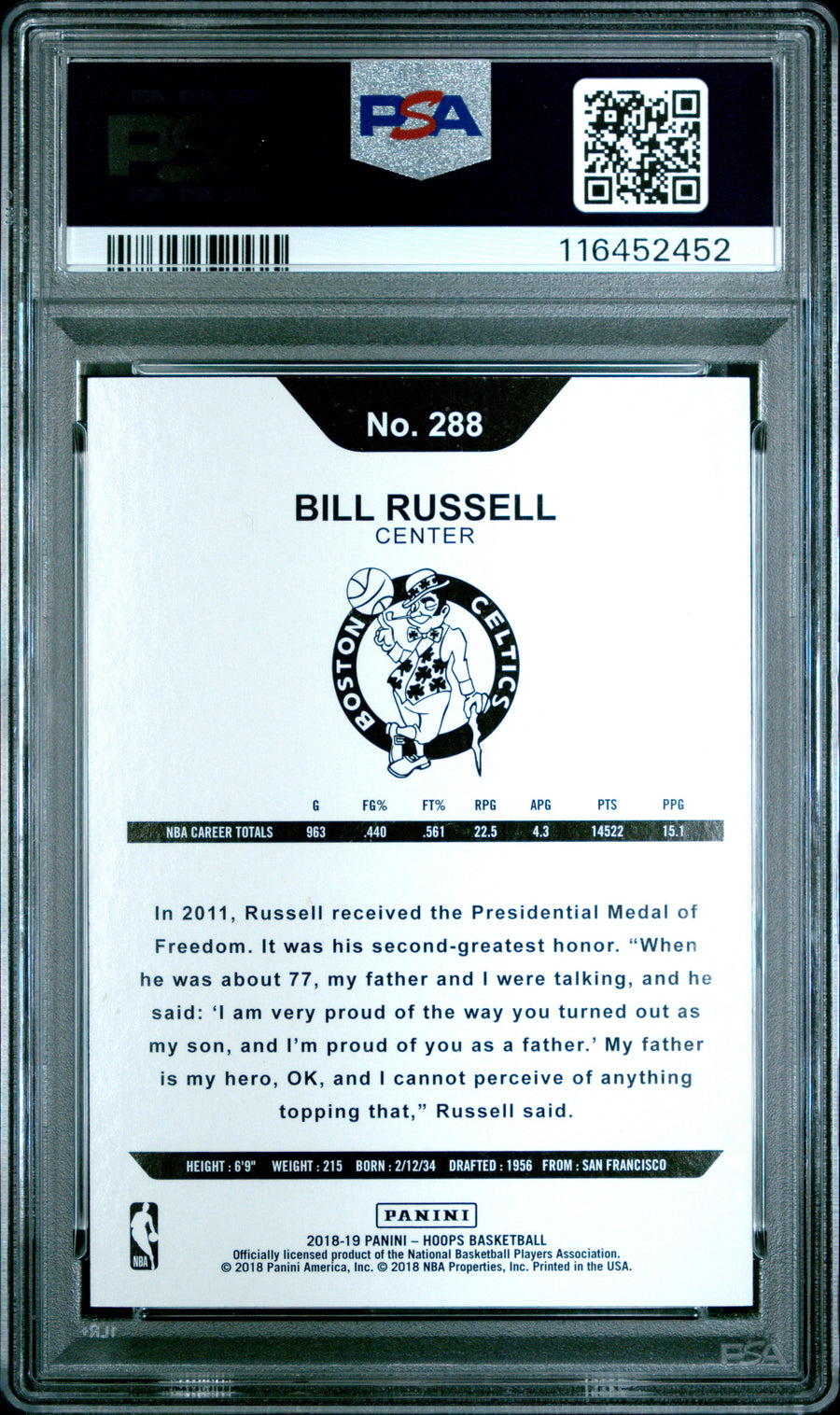 2018 Panini Hoops #288 Bill Russell 25/49 Red PSA 8 — Back