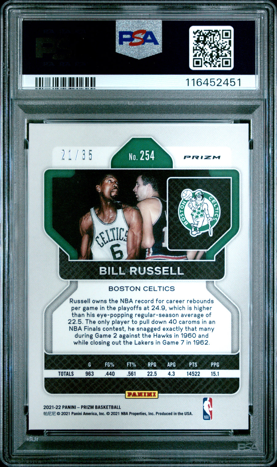 2021 Panini Prizm #254 Bill Russell 21/35 Purple Pulsar PSA 7 — Back