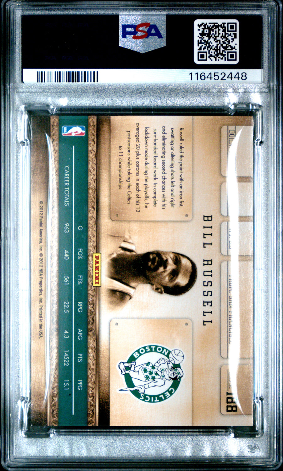2011 Panini Gold Standard #188 Bill Russell 290/299 Gold Standard PSA 7 — Back