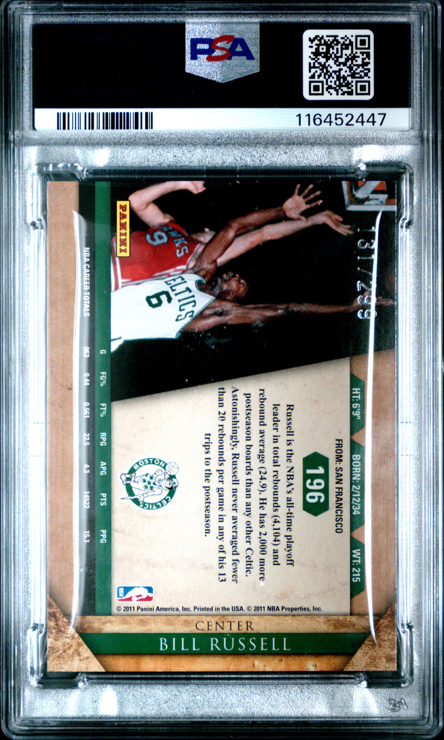 2010 Panini Gold Standard #196 Bill Russell 131/299 PSA 7 — Back