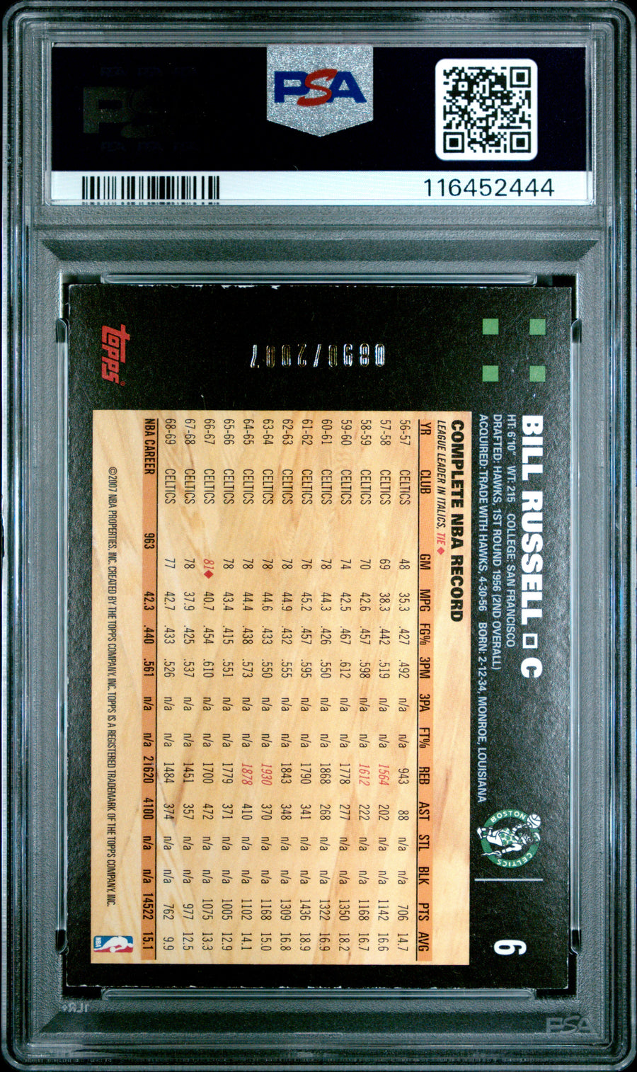 2007 Topps #6 Bill Russell 0890/2007 Gold PSA 6 — Back