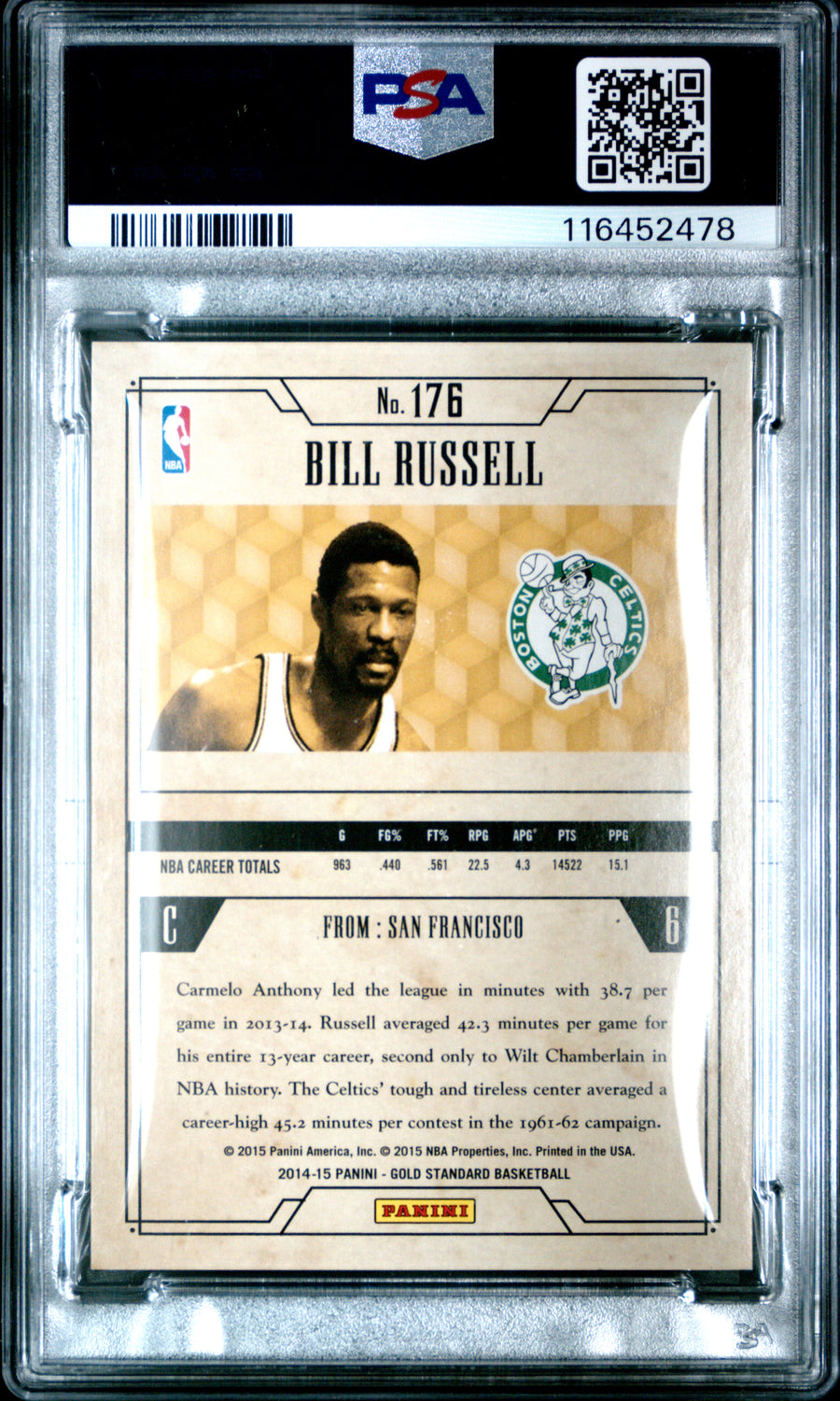 2014 Panini Gold Standard #176 Bill Russell 064/285 PSA 6 — Back