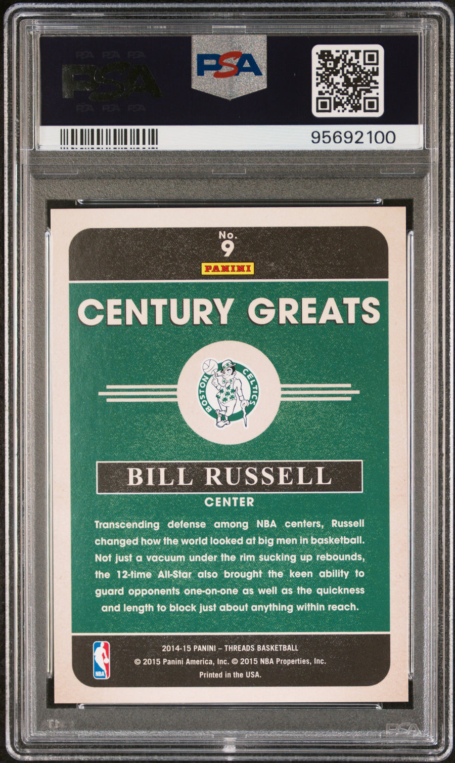 2014 Panini Threads Century Greats #9 Bill Russell 27/99 PRF Red PSA 9 — Back