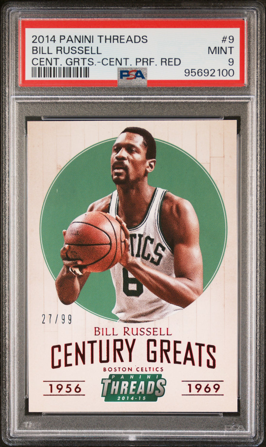 2014 Panini Threads Century Greats #9 Bill Russell 27/99 PRF Red PSA 9 — Front