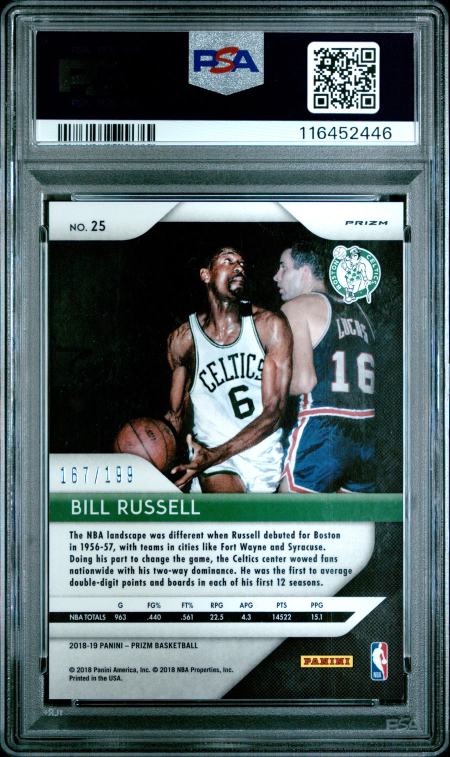 2018 Panini Prizm #25 Bill Russell 167/199 Blue Prizm PSA 9 — Back