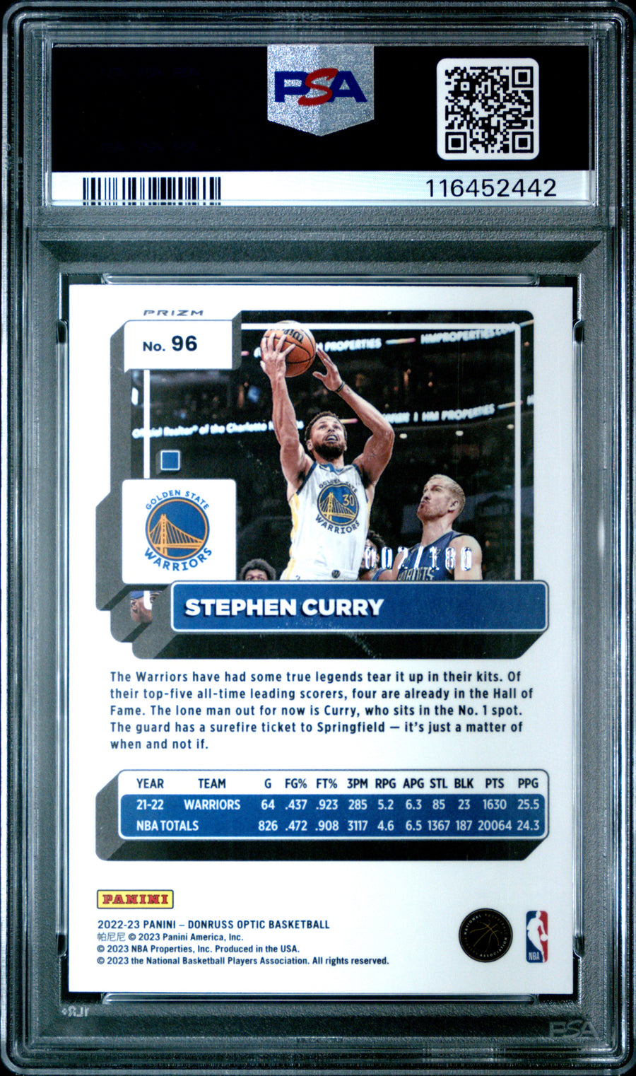 2022 Panini Donruss Optic #96 Stephen Curry 002/180 Blue Sparkle PSA 10 — Back