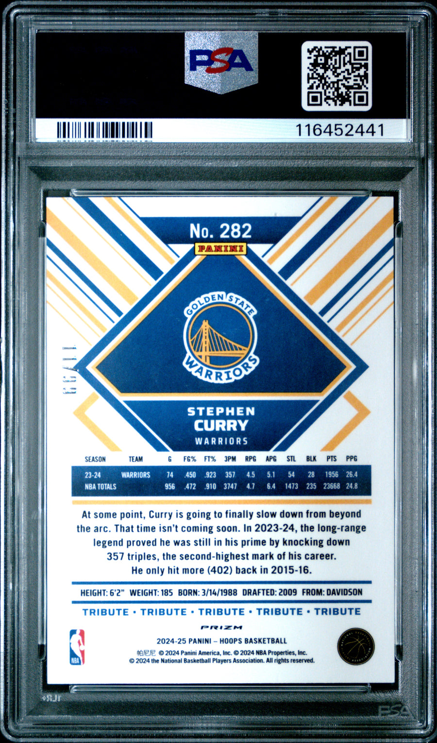2024 Panini NBA Hoops #282 Stephen Curry 11/99 Premium Prizms Blue Pulsar PSA 10 — Back