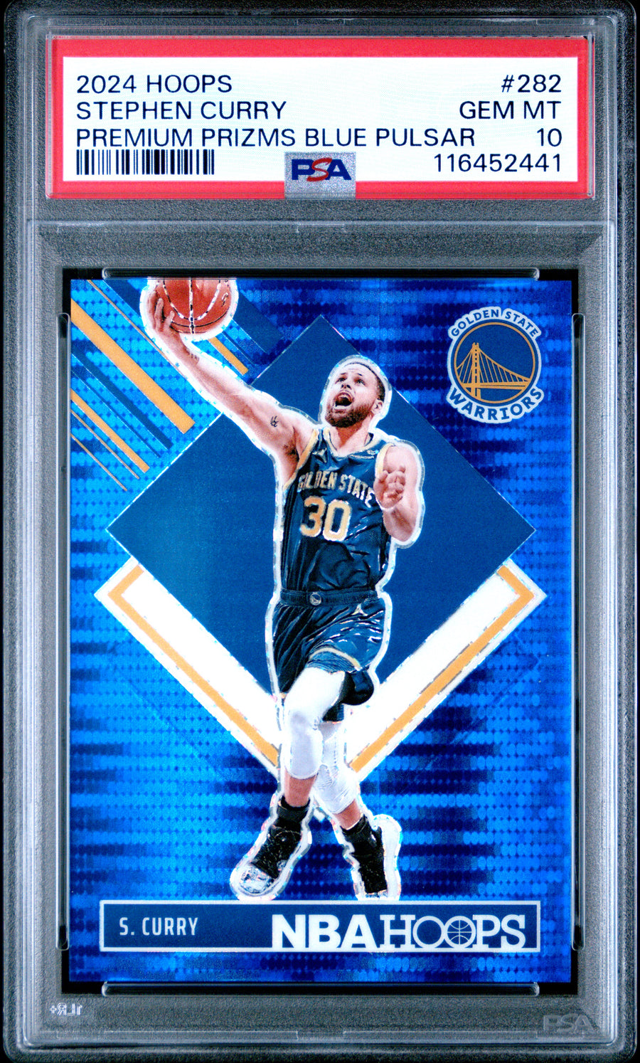 2024 Panini NBA Hoops #282 Stephen Curry 11/99 Premium Prizms Blue Pulsar PSA 10 — Front