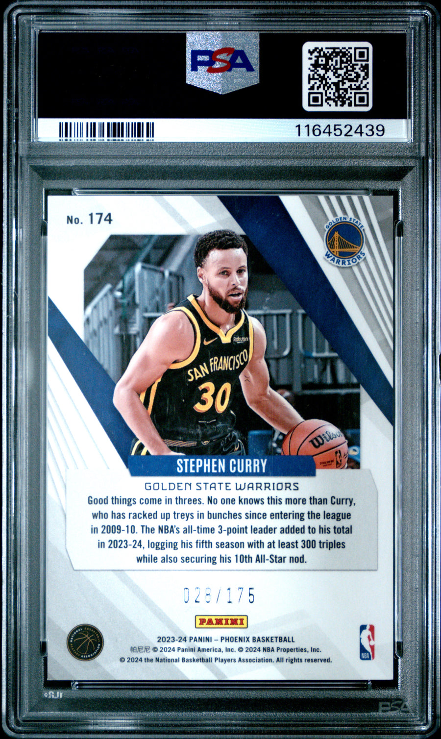 2023 Panini Phoenix #174 Stephen Curry 028/175 Green Lazer PSA 10 — Back