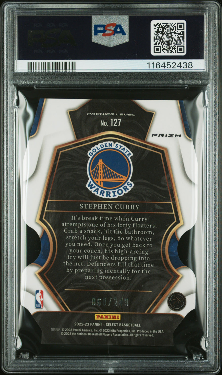 2022 Panini Select #127 Stephen Curry 068/249 Blue Die-Cut PSA 9 — Back