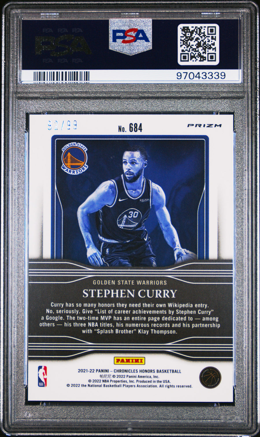 2021 Panini Chronicles #684 Stephen Curry 92/99 Blue PSA 8 — Back