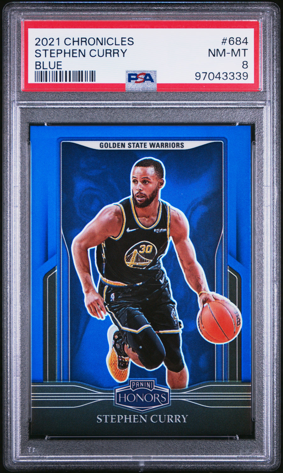 2021 Panini Chronicles #684 Stephen Curry 92/99 Blue PSA 8 — Front