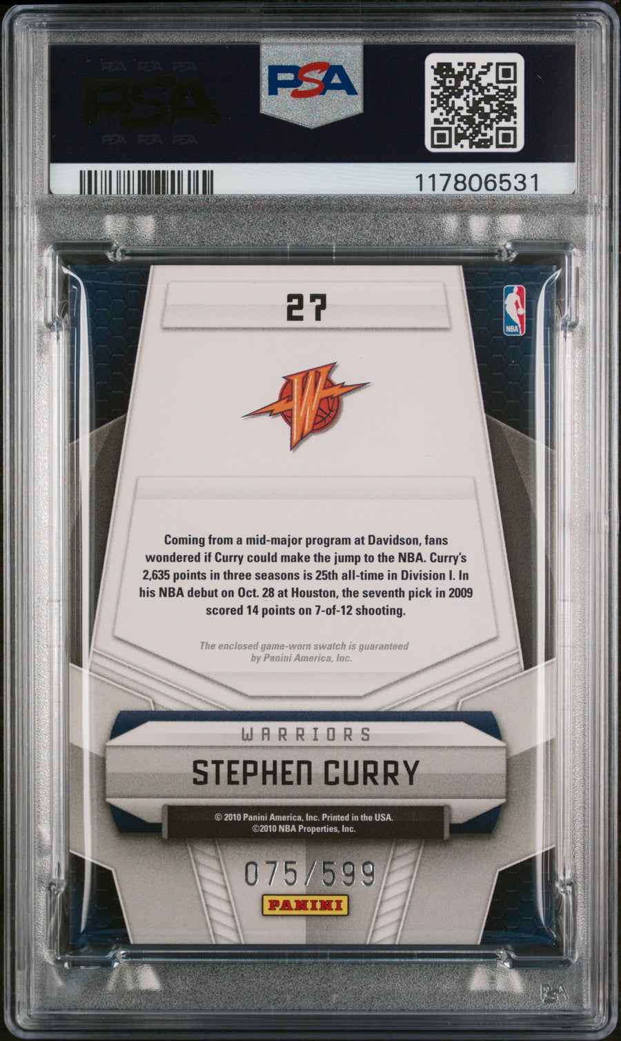 2009 Panini Certified Potential #27 Stephen Curry 075/599 Potential-Materials PSA 7 — Back