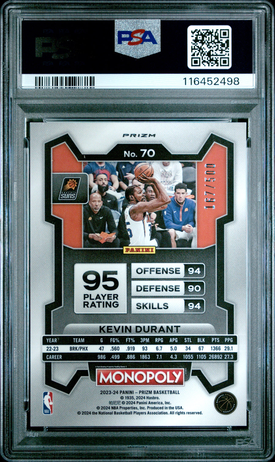 2023 Panini Prizm Monopoly #70 Kevin Durant 167/500 Gold Millionaire Shimmer PSA 10 — Back